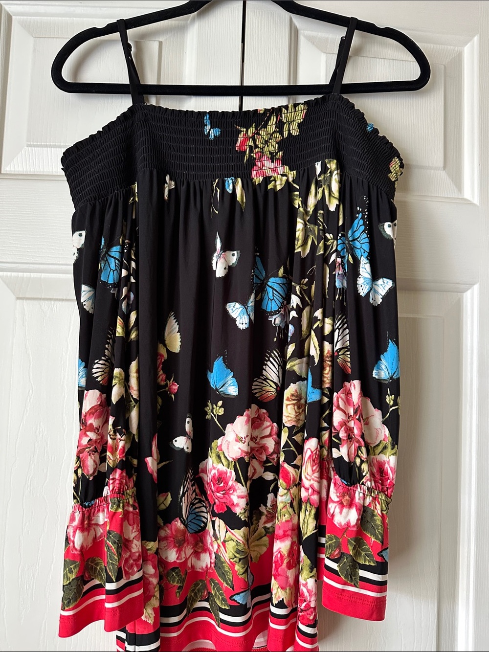 Black Floral & rBlue Butterfly Smocked Tank Dress